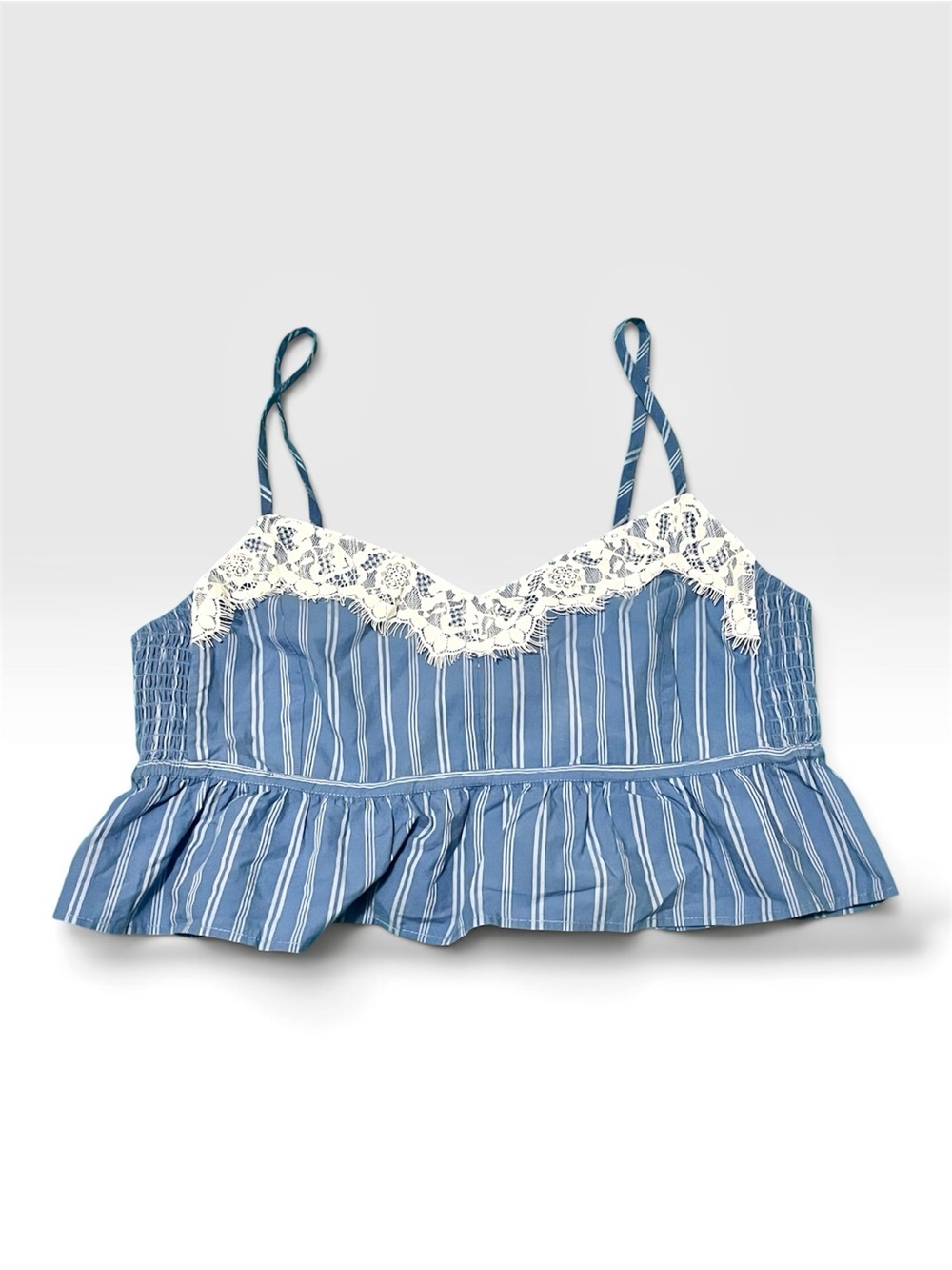 AE Blue Striped Lace-Trim Cropped Cami Top